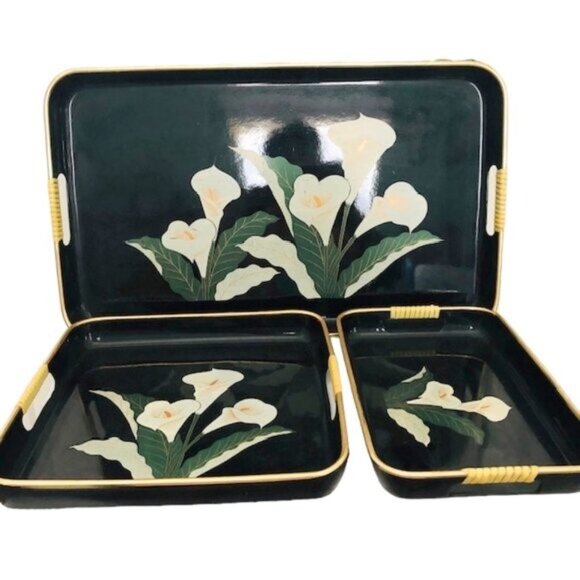 3 Vintage Japanese Black Lacquer Nesting Trays with Lily Detail & Gold Trim - - Picture 2 of 12